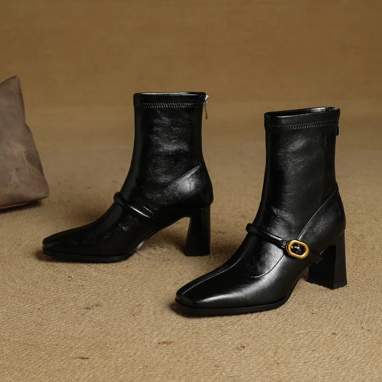 Autumn/Winter Square Toe Fashion Ankle Boots Chunky Heel High Heel Elastic Slim Fit Boots Back Zipper Women's Boots 9-1p