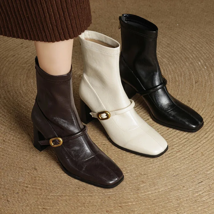Autumn/Winter Square Toe Fashion Ankle Boots Chunky Heel High Heel Elastic Slim Fit Boots Back Zipper Women's Boots 9-1p
