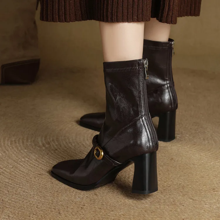 Autumn/Winter Square Toe Fashion Ankle Boots Chunky Heel High Heel Elastic Slim Fit Boots Back Zipper Women's Boots 9-1p