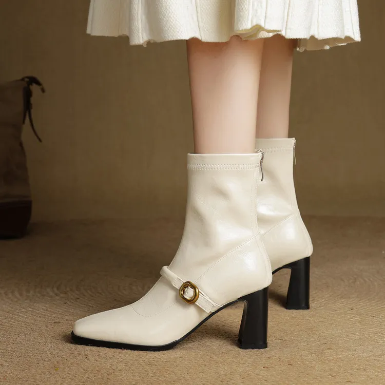 Autumn/Winter Square Toe Fashion Ankle Boots Chunky Heel High Heel Elastic Slim Fit Boots Back Zipper Women's Boots 9-1p
