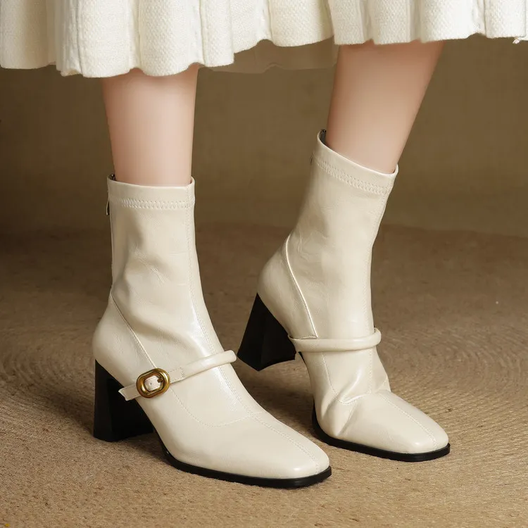 Autumn/Winter Square Toe Fashion Ankle Boots Chunky Heel High Heel Elastic Slim Fit Boots Back Zipper Women's Boots 9-1p
