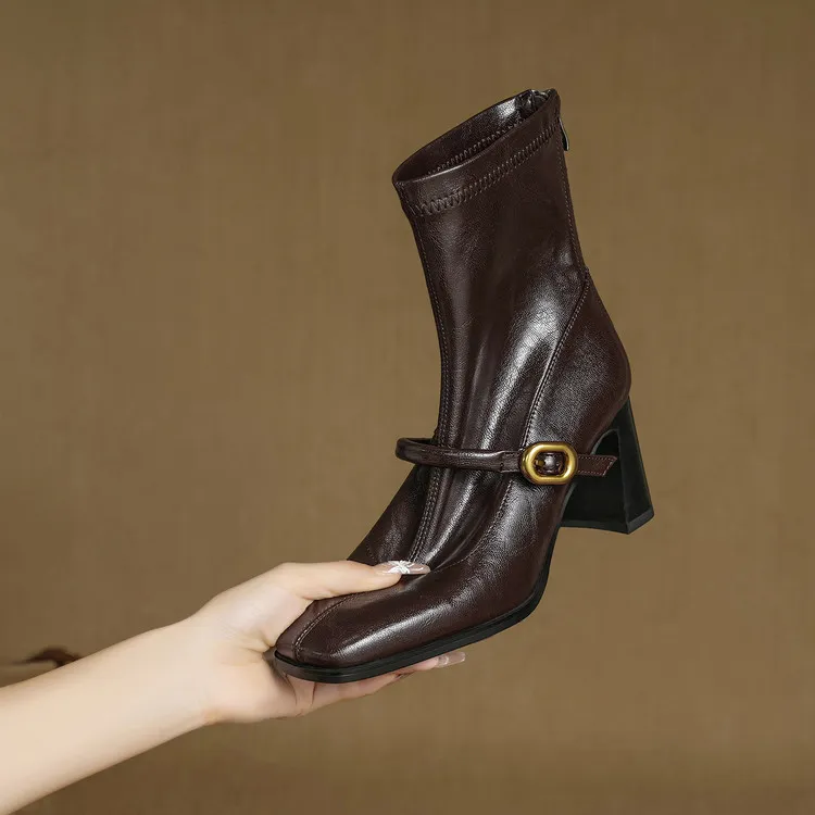 Autumn/Winter Square Toe Fashion Ankle Boots Chunky Heel High Heel Elastic Slim Fit Boots Back Zipper Women's Boots 9-1p