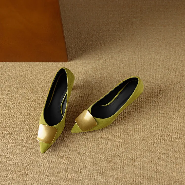Autumn pointed-toe low-cut single shoes with stiletto heels, French retro style, metal buckle women's shoes, 9-3L