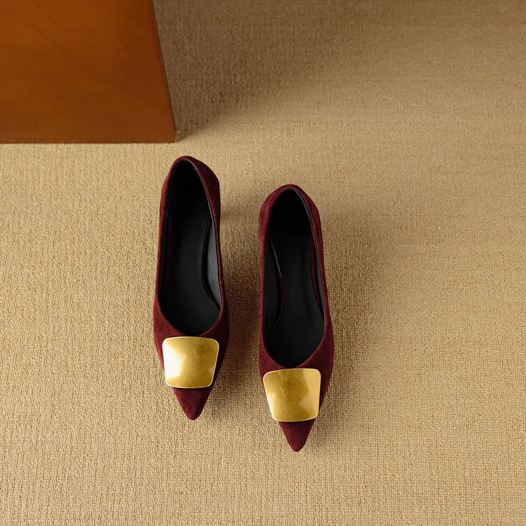 Autumn pointed-toe low-cut single shoes with stiletto heels, French retro style, metal buckle women's shoes, 9-3L