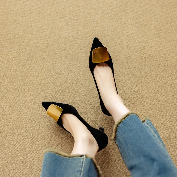 Autumn pointed-toe low-cut single shoes with stiletto heels, French retro style, metal buckle women's shoes, 9-3L