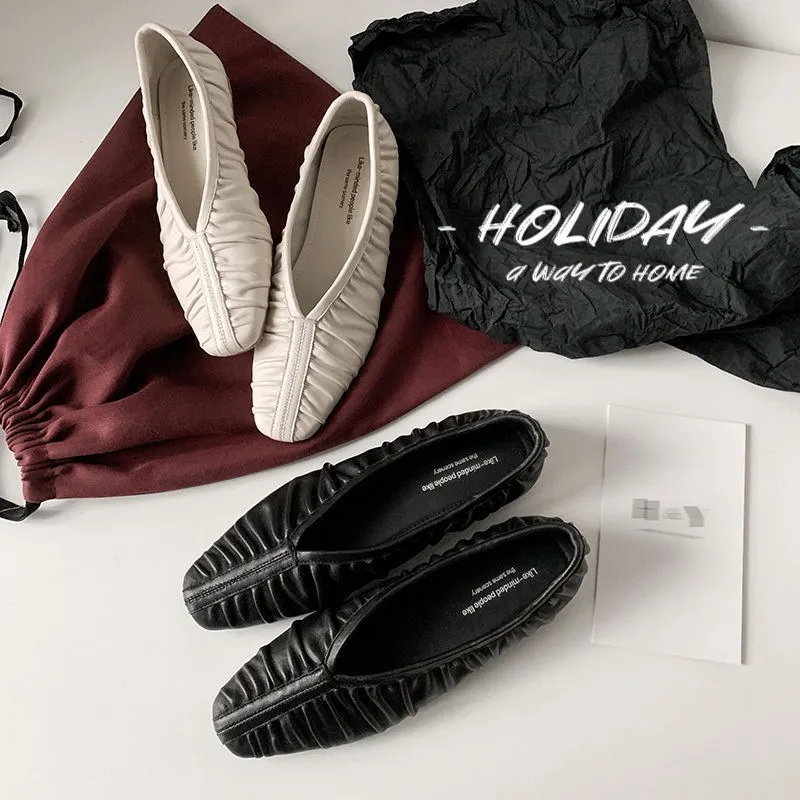 Autumn soft sheepskin pleated square-toe ballet flats, women's shoes, grandma shoes