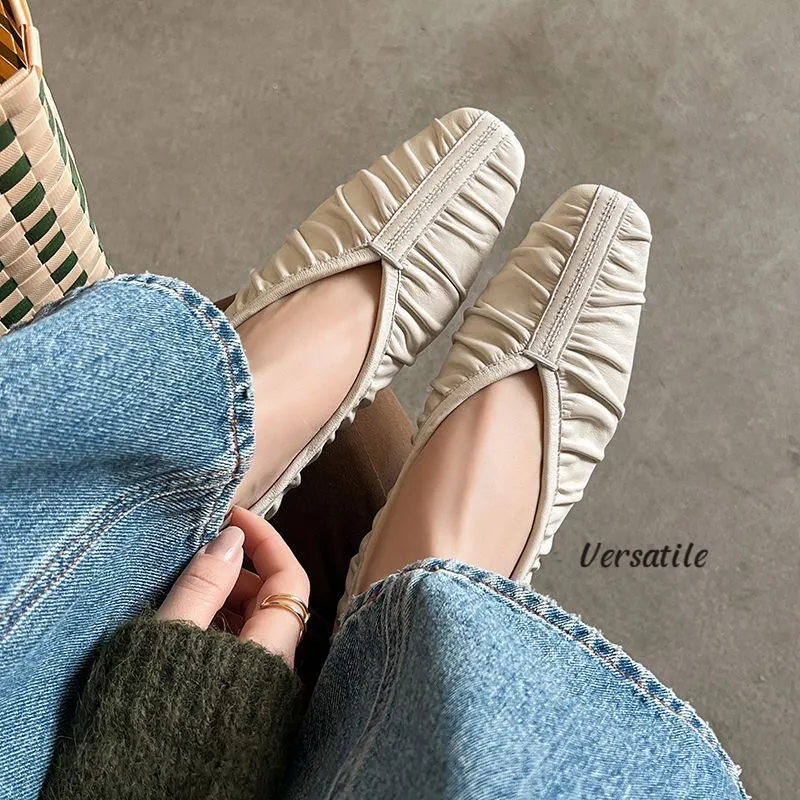 Autumn soft sheepskin pleated square-toe ballet flats, women's shoes, grandma shoes