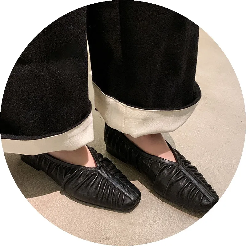 Autumn soft sheepskin pleated square-toe ballet flats, women's shoes, grandma shoes