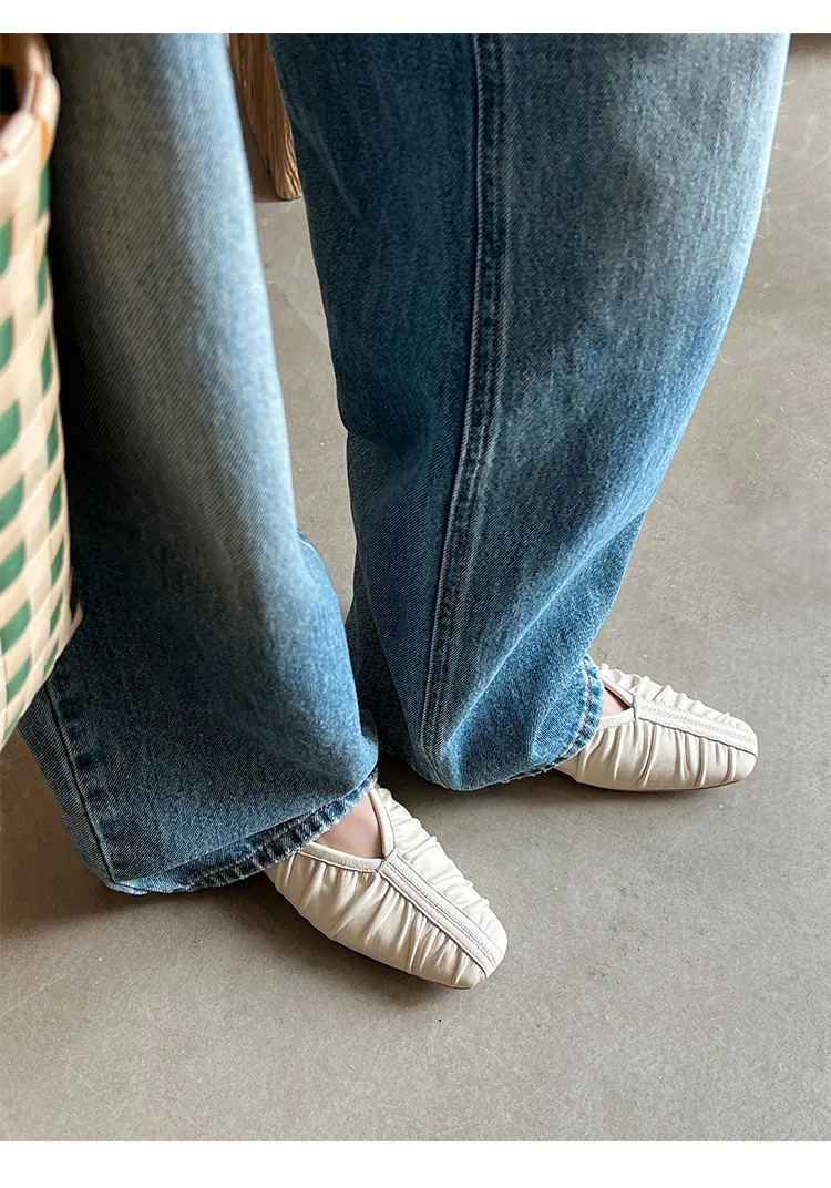 Autumn soft sheepskin pleated square-toe ballet flats, women's shoes, grandma shoes