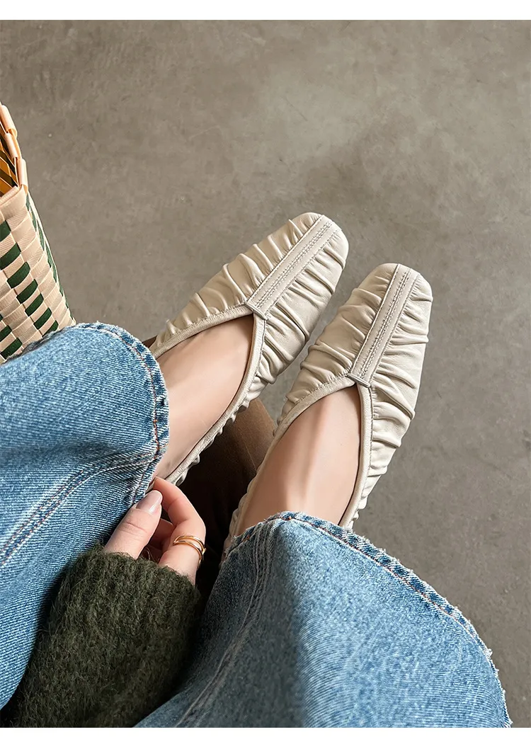 Autumn soft sheepskin pleated square-toe ballet flats, women's shoes, grandma shoes
