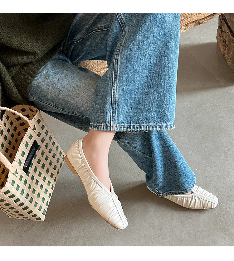 Autumn soft sheepskin pleated square-toe ballet flats, women's shoes, grandma shoes