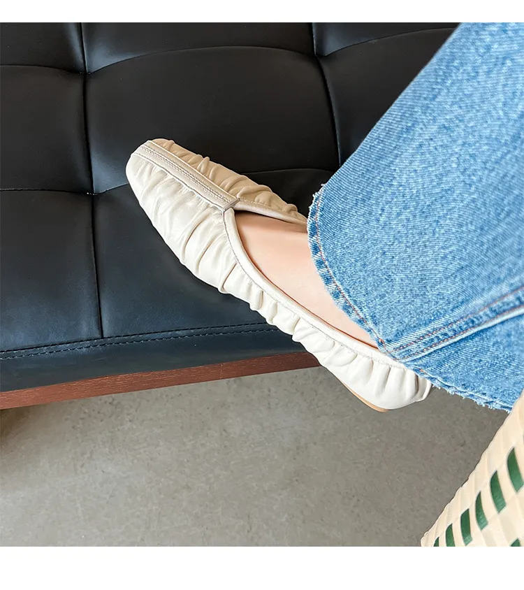 Autumn soft sheepskin pleated square-toe ballet flats, women's shoes, grandma shoes