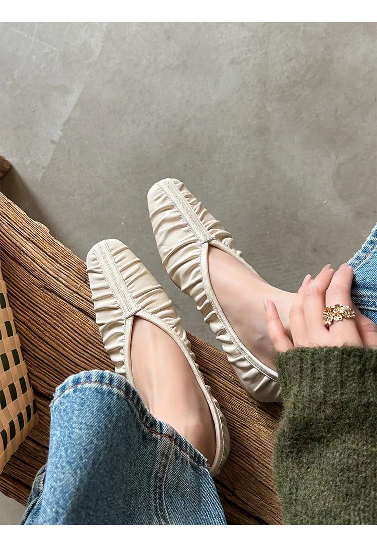 Autumn soft sheepskin pleated square-toe ballet flats, women's shoes, grandma shoes