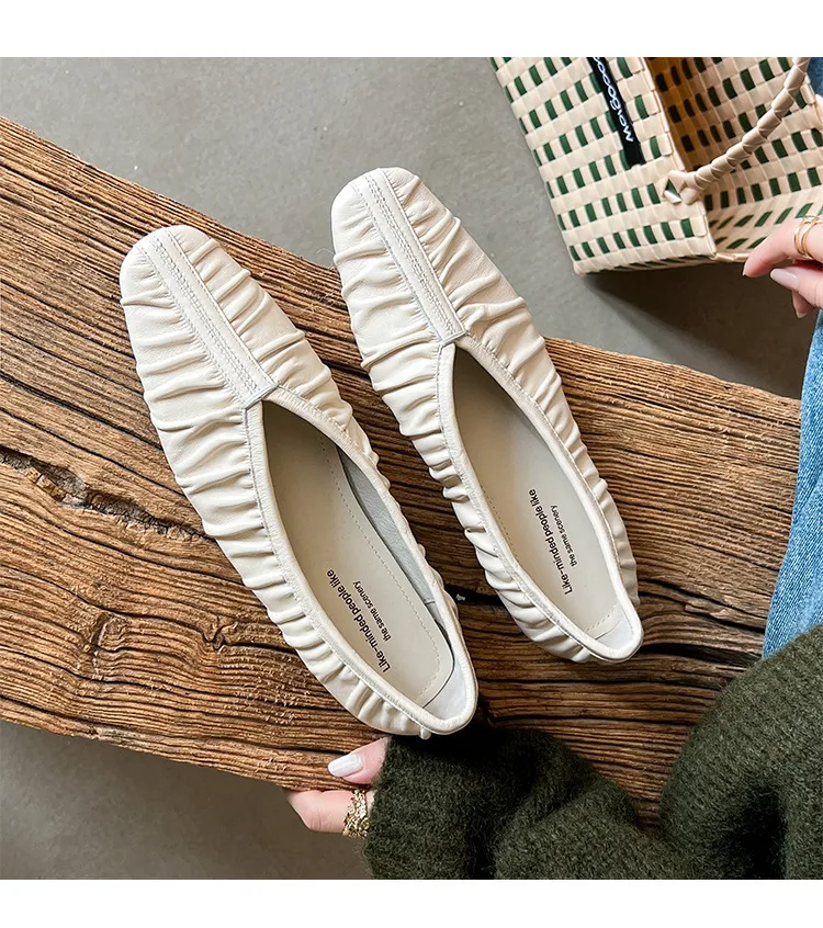Autumn soft sheepskin pleated square-toe ballet flats, women's shoes, grandma shoes