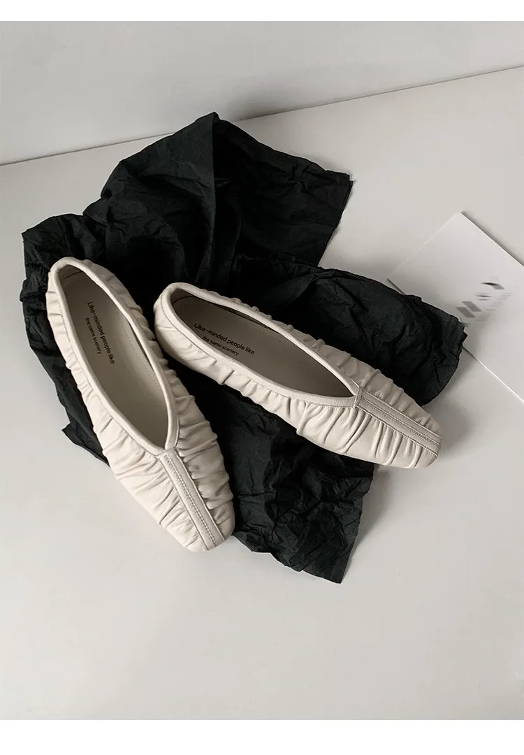 Autumn soft sheepskin pleated square-toe ballet flats, women's shoes, grandma shoes