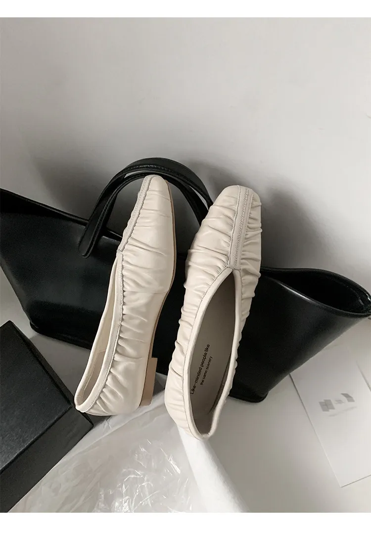 Autumn soft sheepskin pleated square-toe ballet flats, women's shoes, grandma shoes