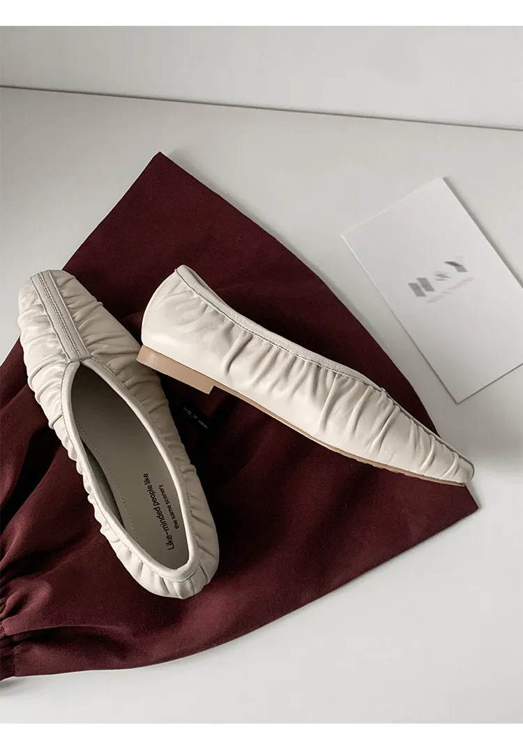 Autumn soft sheepskin pleated square-toe ballet flats, women's shoes, grandma shoes