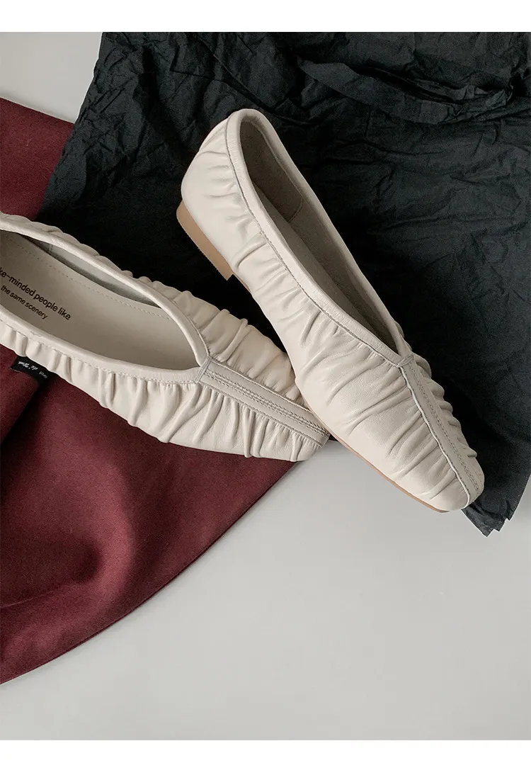 Autumn soft sheepskin pleated square-toe ballet flats, women's shoes, grandma shoes