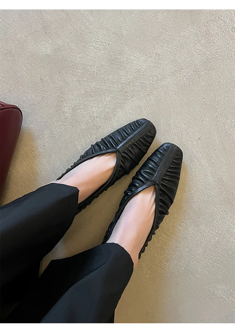 Autumn soft sheepskin pleated square-toe ballet flats, women's shoes, grandma shoes