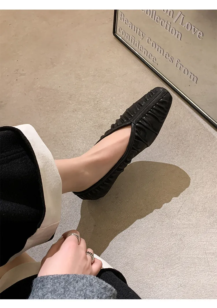 Autumn soft sheepskin pleated square-toe ballet flats, women's shoes, grandma shoes