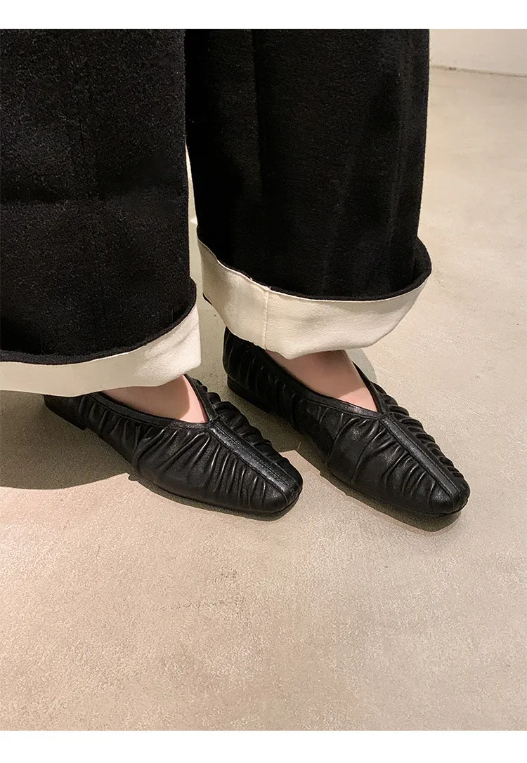 Autumn soft sheepskin pleated square-toe ballet flats, women's shoes, grandma shoes
