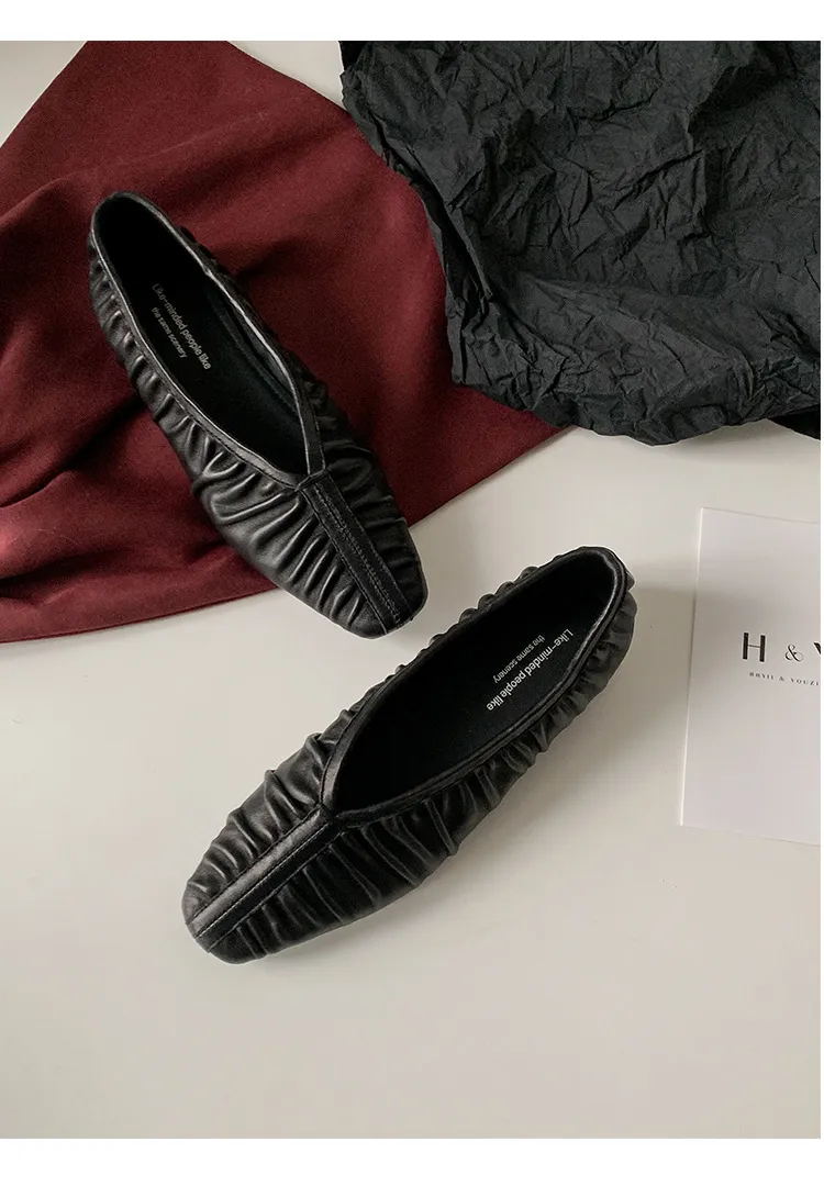 Autumn soft sheepskin pleated square-toe ballet flats, women's shoes, grandma shoes