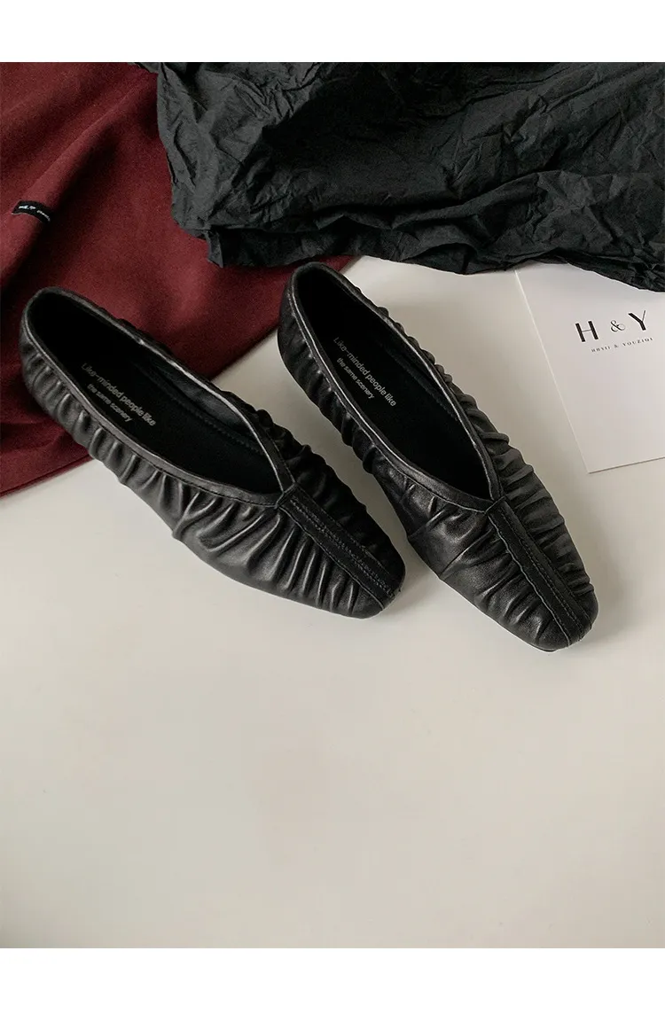 Autumn soft sheepskin pleated square-toe ballet flats, women's shoes, grandma shoes
