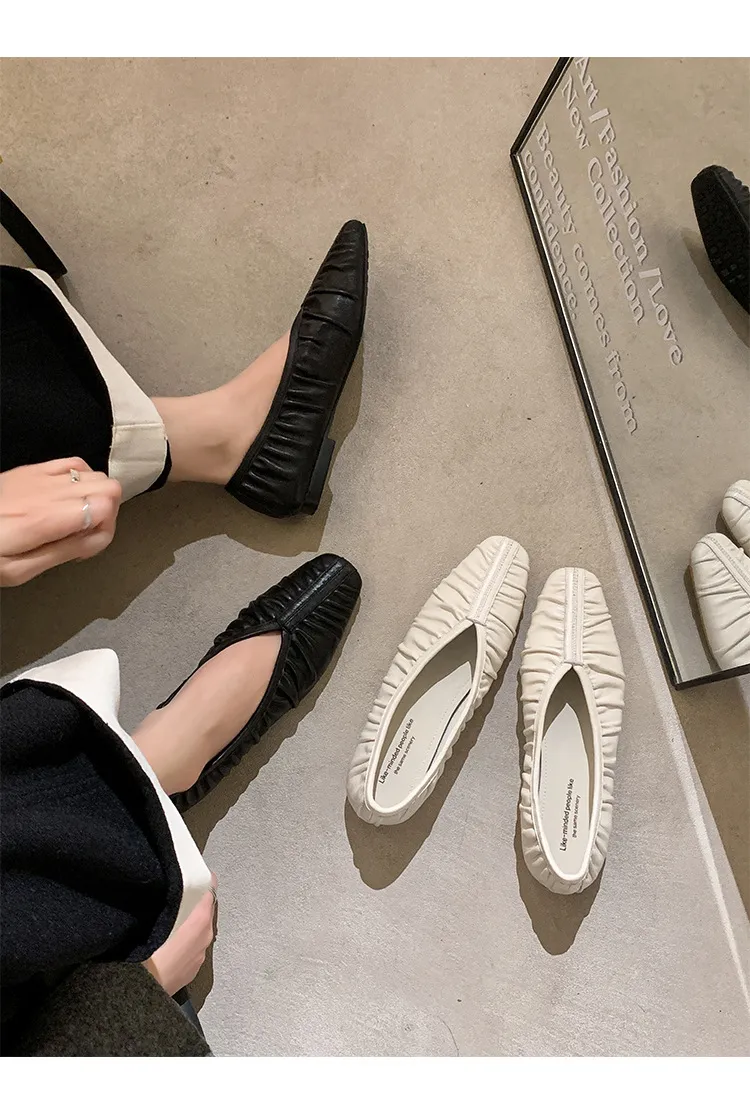 Autumn soft sheepskin pleated square-toe ballet flats, women's shoes, grandma shoes