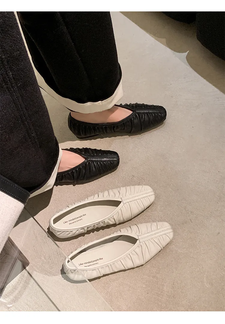Autumn soft sheepskin pleated square-toe ballet flats, women's shoes, grandma shoes