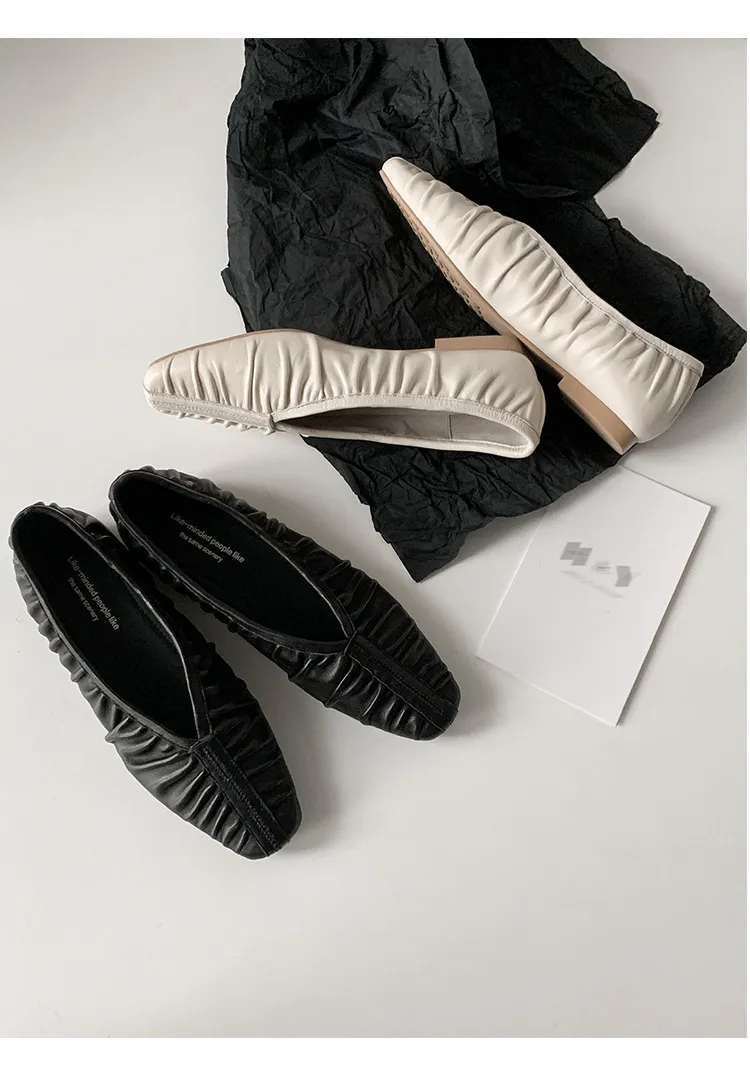 Autumn soft sheepskin pleated square-toe ballet flats, women's shoes, grandma shoes