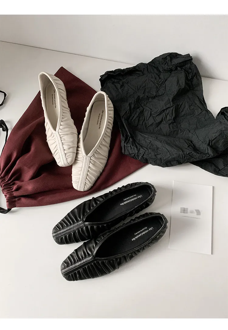 Autumn soft sheepskin pleated square-toe ballet flats, women's shoes, grandma shoes