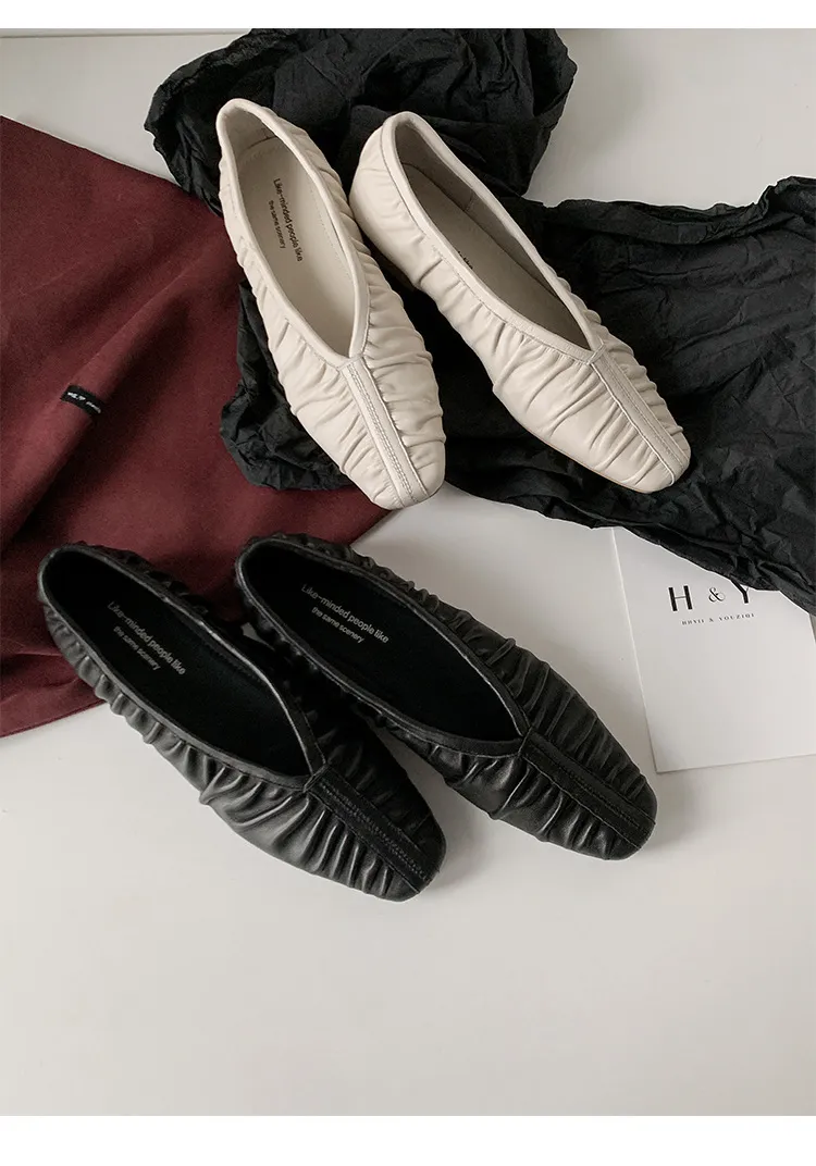 Autumn soft sheepskin pleated square-toe ballet flats, women's shoes, grandma shoes