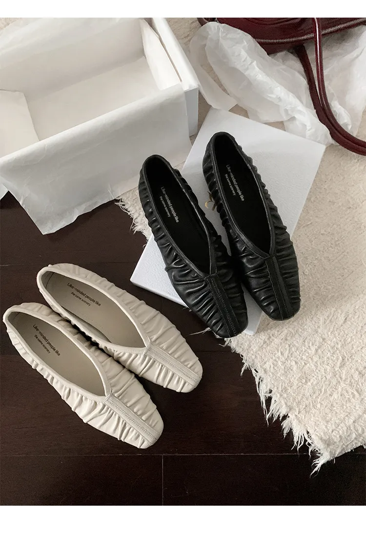Autumn soft sheepskin pleated square-toe ballet flats, women's shoes, grandma shoes