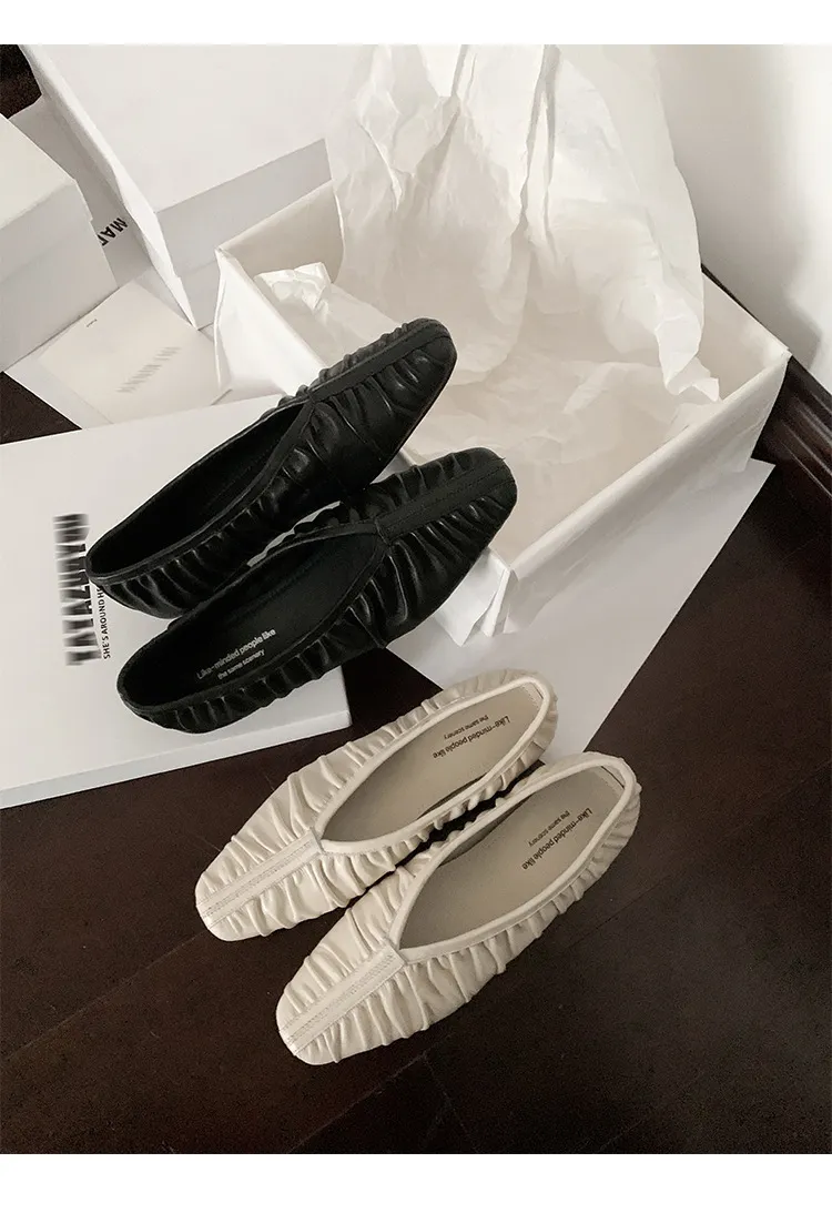 Autumn soft sheepskin pleated square-toe ballet flats, women's shoes, grandma shoes