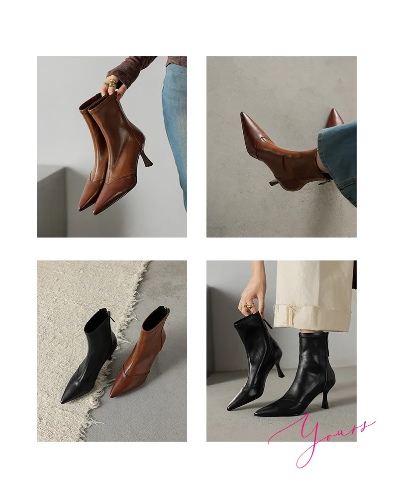 Autumn/Winter Pointed Toe Ankle Boots, Stiletto Heel, High Heel, Back Zipper, Leather Fashion Boots, Brown and Black