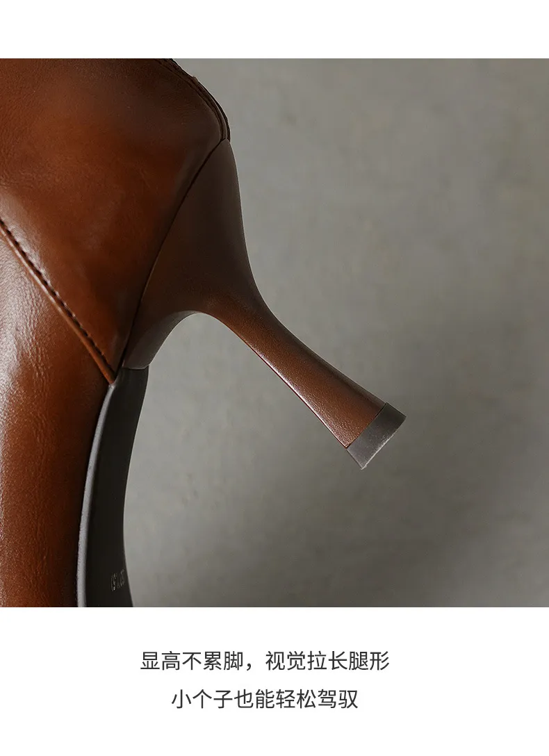 Autumn/Winter Pointed Toe Ankle Boots, Stiletto Heel, High Heel, Back Zipper, Leather Fashion Boots, Brown and Black