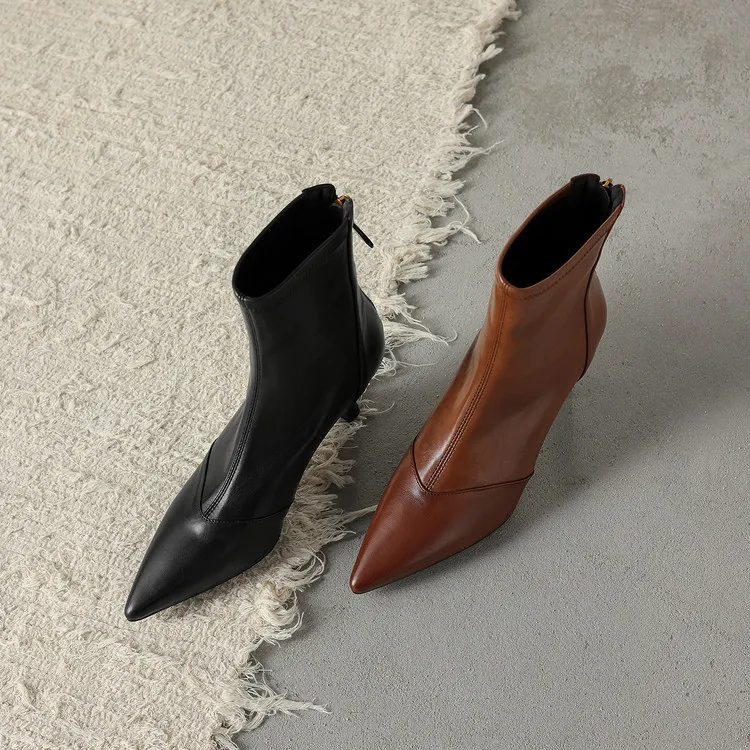 Autumn/Winter Pointed Toe Ankle Boots, Stiletto Heel, High Heel, Back Zipper, Leather Fashion Boots, Brown and Black