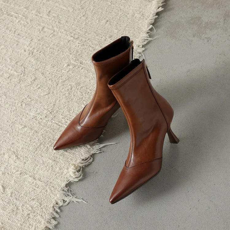 Autumn/Winter Pointed Toe Ankle Boots, Stiletto Heel, High Heel, Back Zipper, Leather Fashion Boots, Brown and Black