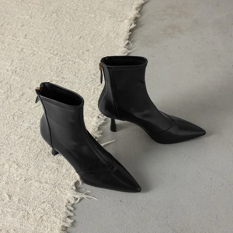 Autumn/Winter Pointed Toe Ankle Boots, Stiletto Heel, High Heel, Back Zipper, Leather Fashion Boots, Brown and Black