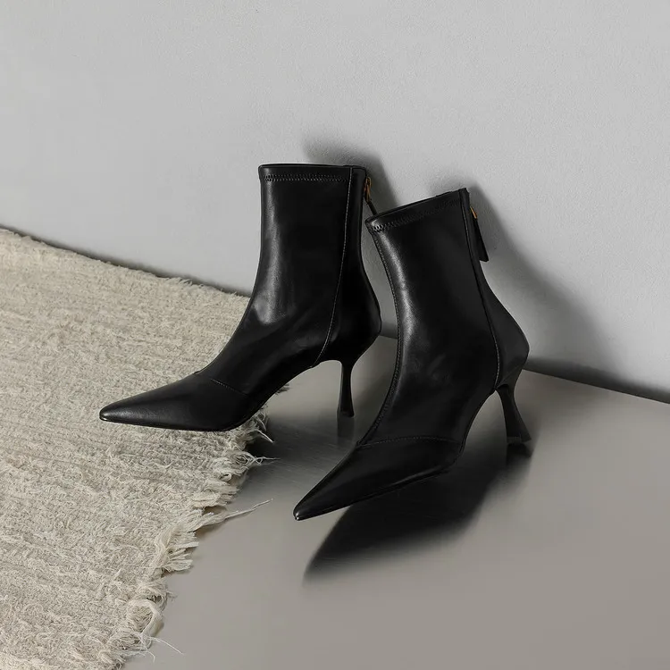 Autumn/Winter Pointed Toe Ankle Boots, Stiletto Heel, High Heel, Back Zipper, Leather Fashion Boots, Brown and Black