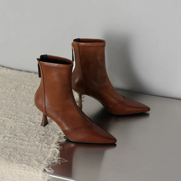 Autumn/Winter Pointed Toe Ankle Boots, Stiletto Heel, High Heel, Back Zipper, Leather Fashion Boots, Brown and Black