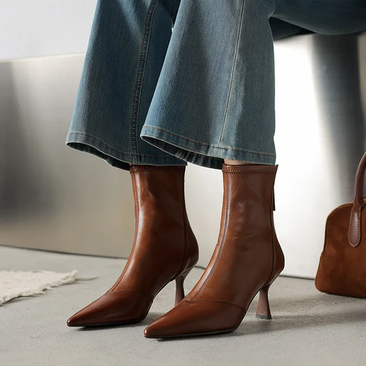 Autumn/Winter Pointed Toe Ankle Boots, Stiletto Heel, High Heel, Back Zipper, Leather Fashion Boots, Brown and Black