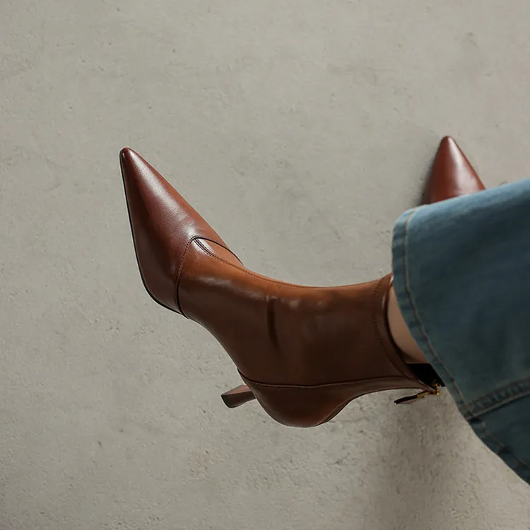 Autumn/Winter Pointed Toe Ankle Boots, Stiletto Heel, High Heel, Back Zipper, Leather Fashion Boots, Brown and Black