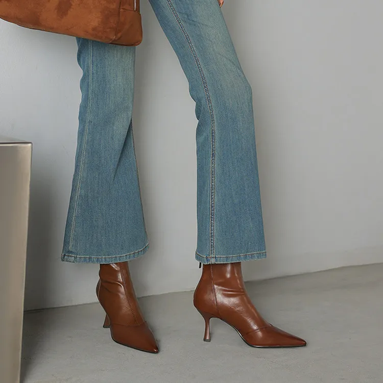 Autumn/Winter Pointed Toe Ankle Boots, Stiletto Heel, High Heel, Back Zipper, Leather Fashion Boots, Brown and Black