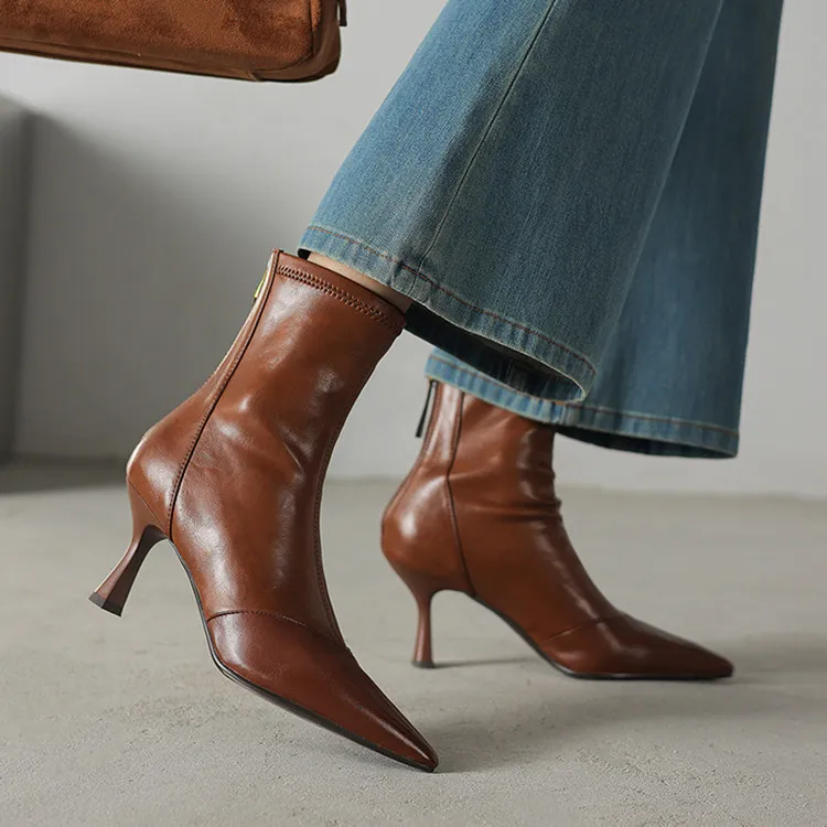 Autumn/Winter Pointed Toe Ankle Boots, Stiletto Heel, High Heel, Back Zipper, Leather Fashion Boots, Brown and Black
