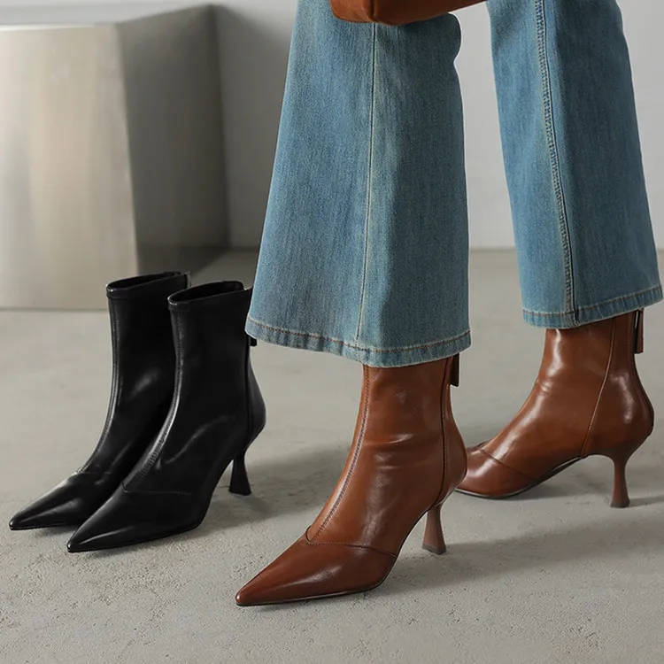 Autumn/Winter Pointed Toe Ankle Boots, Stiletto Heel, High Heel, Back Zipper, Leather Fashion Boots, Brown and Black