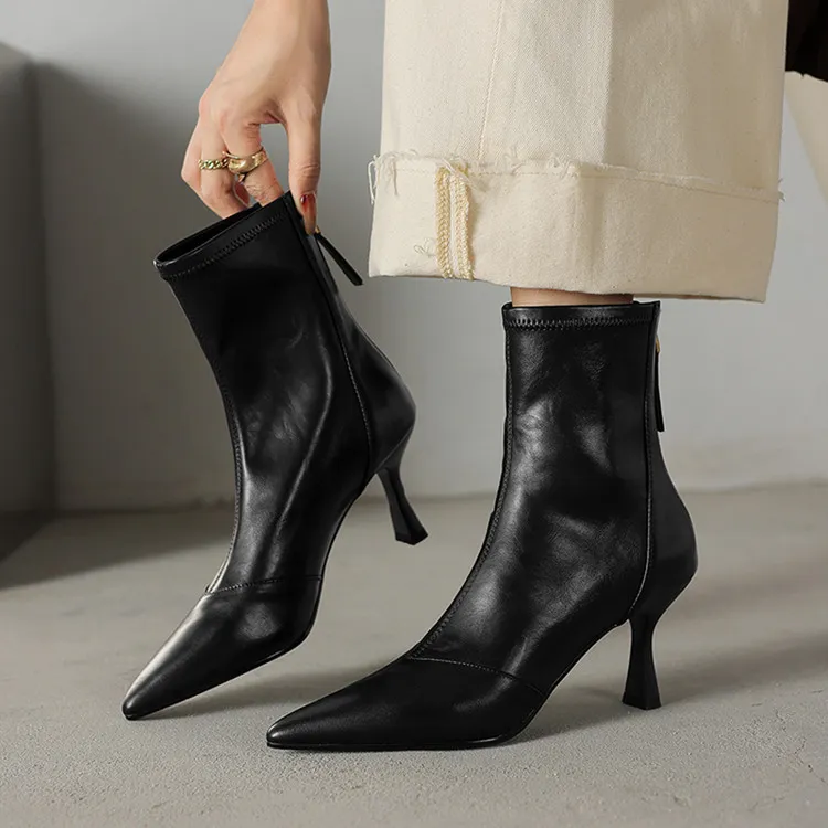 Autumn/Winter Pointed Toe Ankle Boots, Stiletto Heel, High Heel, Back Zipper, Leather Fashion Boots, Brown and Black