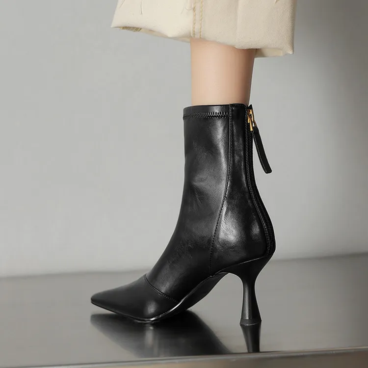 Autumn/Winter Pointed Toe Ankle Boots, Stiletto Heel, High Heel, Back Zipper, Leather Fashion Boots, Brown and Black