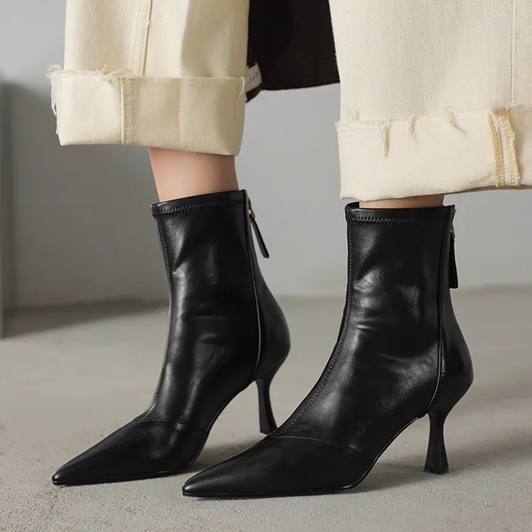 Autumn/Winter Pointed Toe Ankle Boots, Stiletto Heel, High Heel, Back Zipper, Leather Fashion Boots, Brown and Black