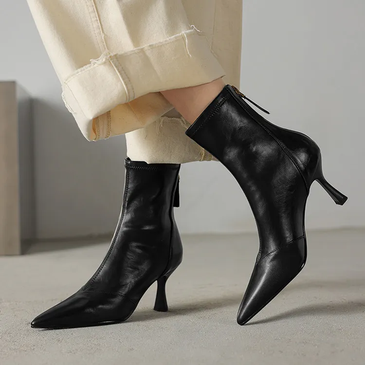 Autumn/Winter Pointed Toe Ankle Boots, Stiletto Heel, High Heel, Back Zipper, Leather Fashion Boots, Brown and Black
